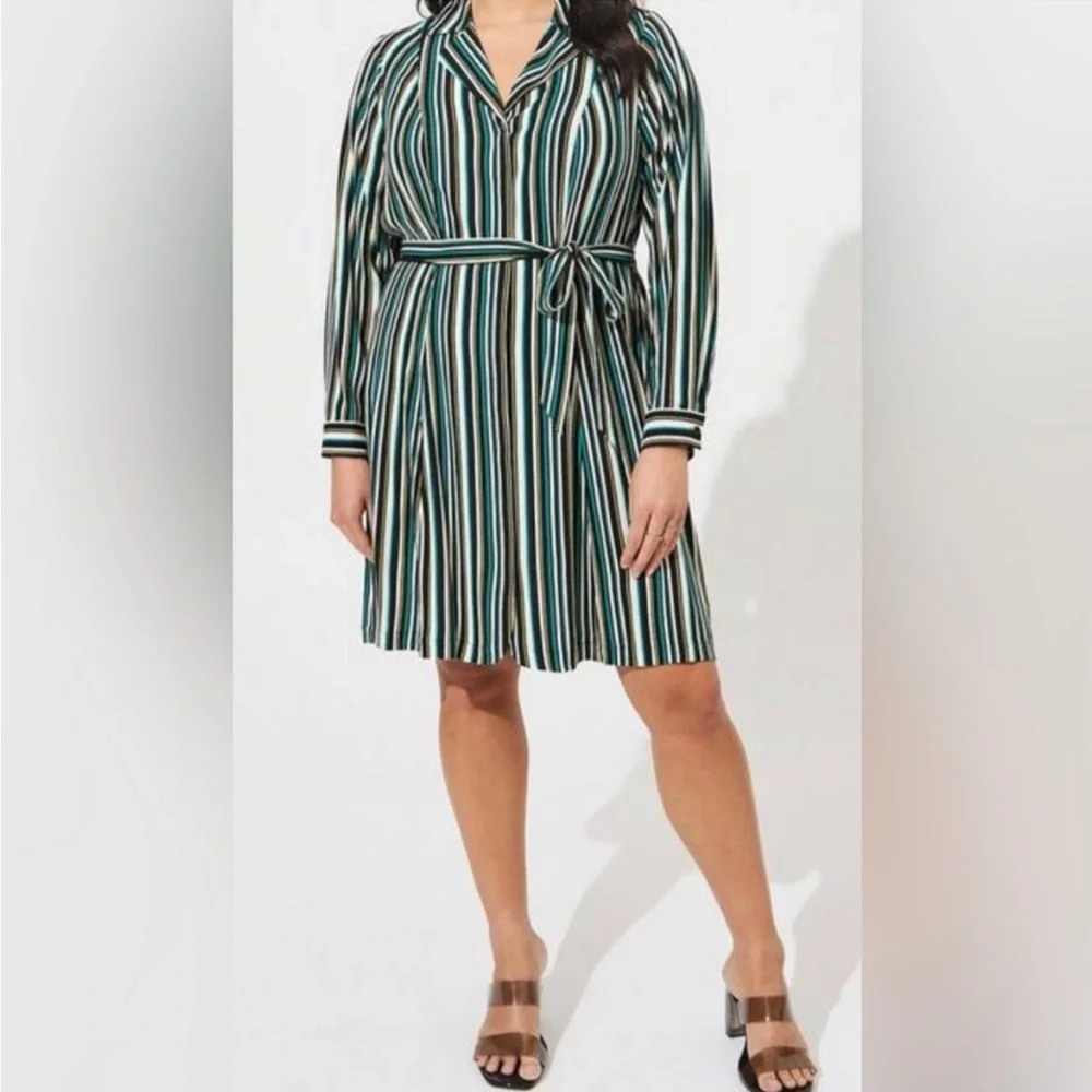 Torrid Black and Green Striped Wrap Belted Long Sleeve Mini Dress Size…